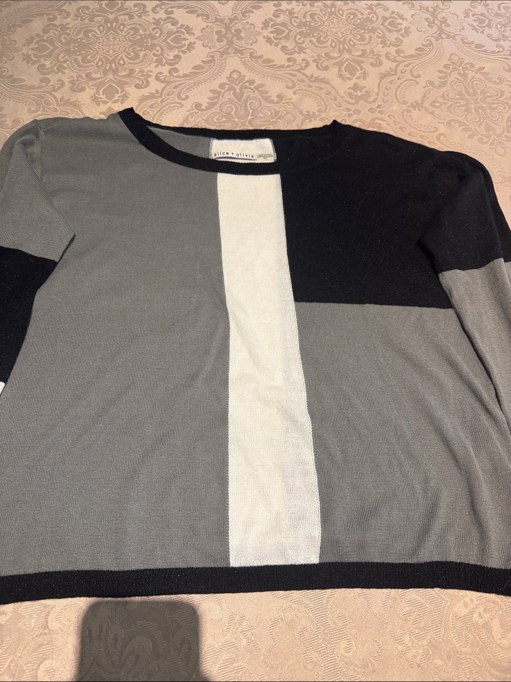 Alice and Olivia Paneled Crewneck Sweater in Gray, Black & White - Picture 3 of 5